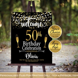 Birthday Champagne Welcome Sign Printable | 50th 60th 70th Any Age | Garland Lights | Gold Confetti | Personalized | DIGITAL PRINTABLE FILES