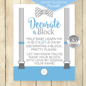 Decorate a Block Baby Shower Activity | 8x10 | ABCs and 123s | Little Man | Baby Blue Gray | Bow Tie | Printable | DIGITAL INSTANT DOWNLOAD