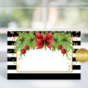 Menu Cards | Christmas Holiday | 4x6 Tent-Folding | Black White Stripes with Red Bow and Holly | Gold Confetti | INSTANT Digital DOWNLOAD