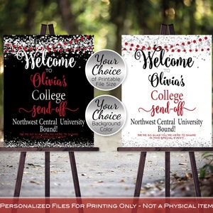 College Send Off Party Personalized Welcome Sign Printable | Red Black Silver | Silver Confetti on White or Black | DIGITAL PRINTABLE FILES