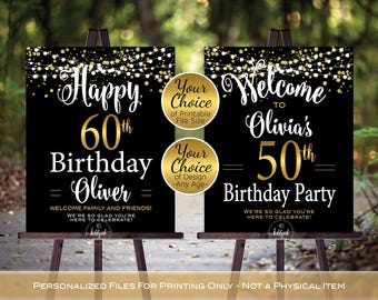 Birthday Welcome Sign Printables | Black and Gold with Garland Lights | 40th 50th 60th | Any Age | Personalized | DIGITAL PRINTABLE FILES