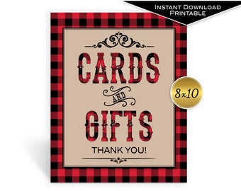 May include: Printable 8x10 inch sign with a red and black buffalo plaid border. The sign has a tan background with the text "Cards and Gifts" in a vintage style font. The text "Thank You!" is printed below the main text.