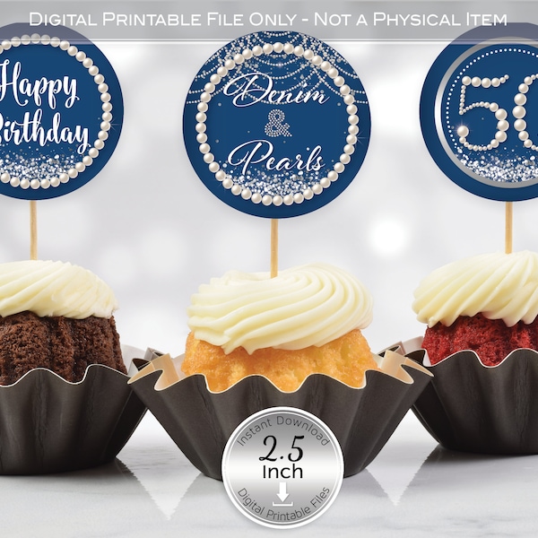 Round Cupcake Toppers | Denim and Pearls | 50th Birthday | 2.5 inches | Silver Confetti | Digital INSTANT DOWNLOAD