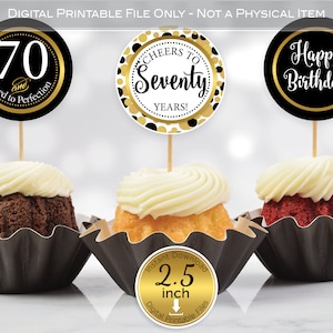 His Round Cupcake Toppers | 70th Birthday | Digital Printable | 2.5 Inches | Black White Faux Glitter Gold | Digital INSTANT DOWNLOAD