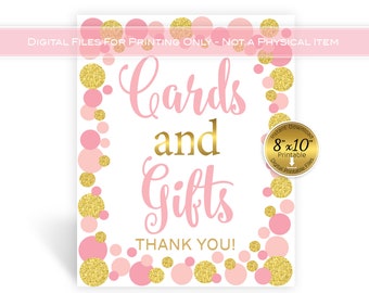 Cards & Gifts 8x10 Table Sign Printable | Pink and Faux Glitter Gold | Birthday | Baby Shower | Bridal Shower | Digital INSTANT DOWNLOAD