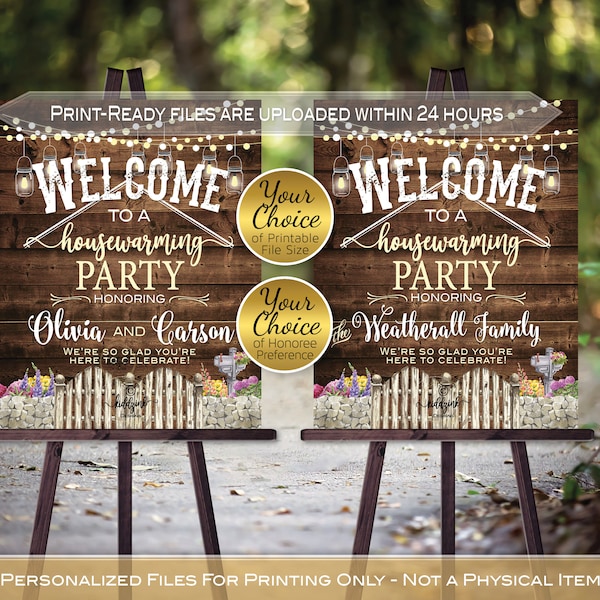 Housewarming Party Welcome Sign Printable | Garland Lights and Lanterns with Cottage Gate | Rustic Faux Wood | Personalized | PRINTABLE FILE