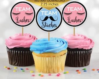 Gender Reveal Team Lashes or Team Staches Cupcake Toppers | 2.25 Inches Round | Pink Blue | Boy or Girl | Digital Printable INSTANT DOWNLOAD