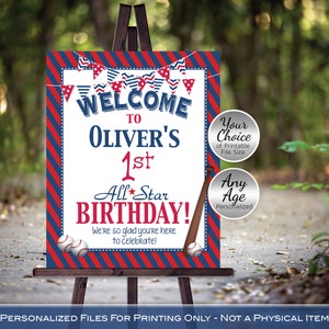 Baseball Birthday Welcome Sign Printable Poster | Any Age | Red White Navy Blue | Personalized with Name and Age | PRINTABLE DIGITAL File