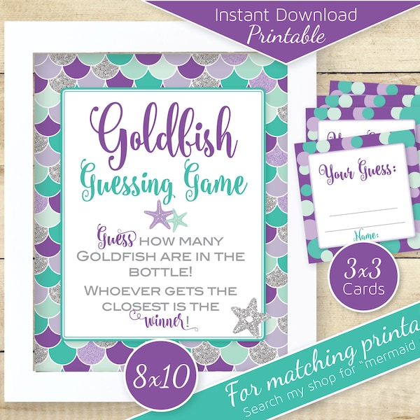 Goldfish Guessing Game Baby Shower Printables | Mermaid Theme | Purple Teal Silver | 8x10 Table Sign and Cards | DIGITAL INSTANT DOWNLOAD