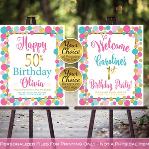 Birthday Party Welcome Sign | Hot Pink Teal Gold | Faux Glitter Gold | 1st 20th 30th 50th | Any Age | Personalized | PRINTABLE DIGITAL File