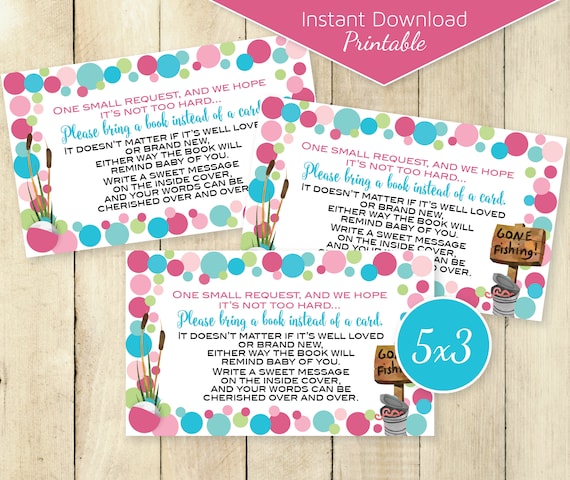 Fishing Theme Baby Shower Book Request Invitation Enclosure Card Printable  | 3x5 | Pink Aqua Green | Baby Girl | INSTANT DOWNLOAD