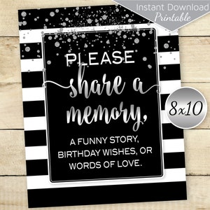 Share a Memory Table Sign 8x10 Printable | Birthday Wishes | Black White Stripes | Silver Confetti | Digital INSTANT DOWNLOAD