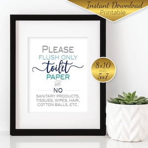 Septic System Do Not Flush | Flush Only Toilet Paper Bathroom Printable Sign | 8x10 | 5x7 | Navy Teal Gray | DIGITAL INSTANT DOWNLOAD