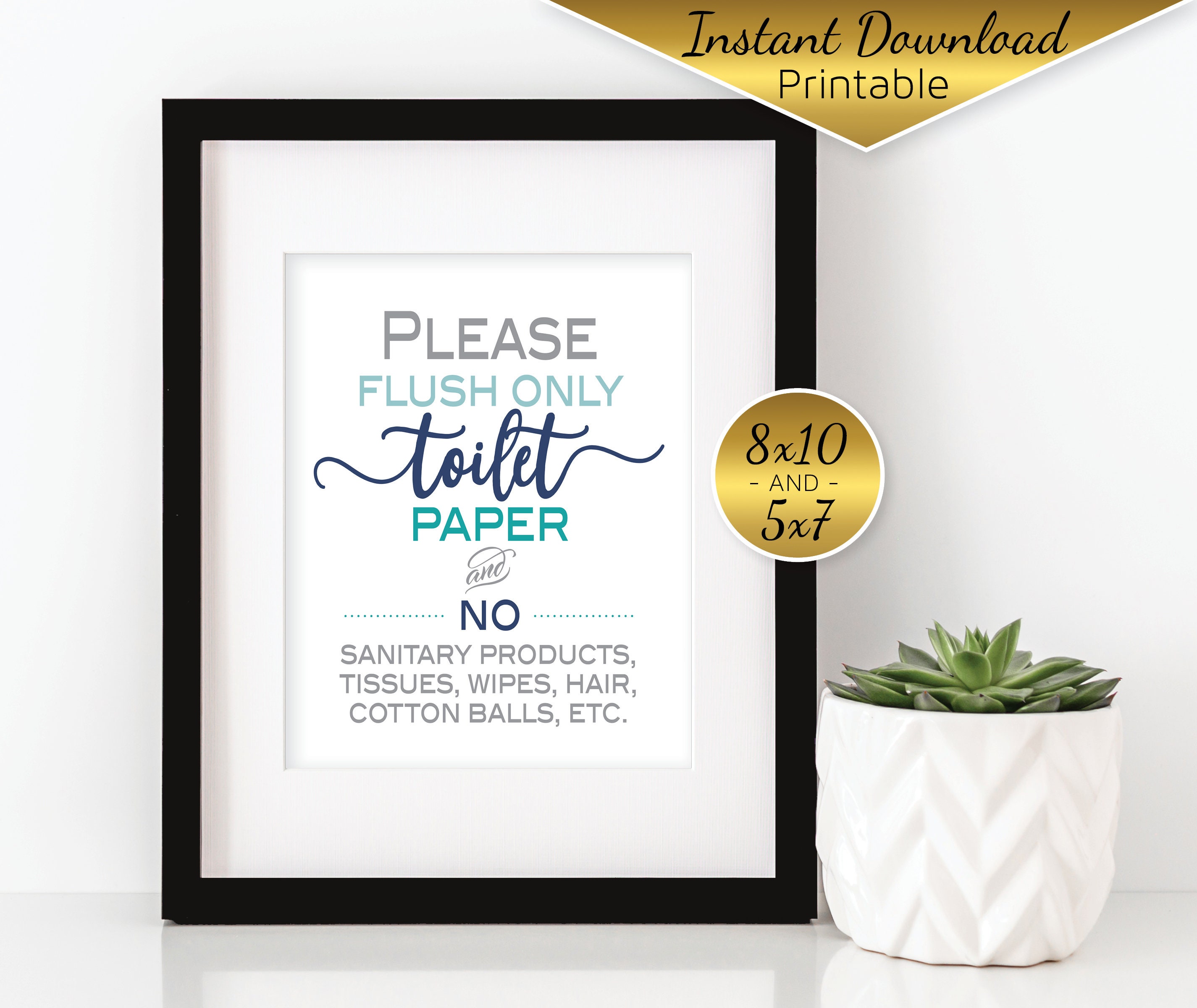 Septic System Do Not Flush | Flush Only Toilet Paper Bathroom Printable Sign | 8x10 | 5x7 | Navy Teal Gray | DIGITAL INSTANT DOWNLOAD