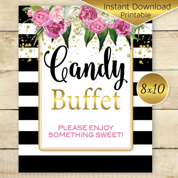 Candy Buffet 8x10 Table Sign Printable | Black White Stripes | Pink Magenta Gold | Sweets | Birthday | Bridal | Digital INSTANT DOWNLOAD