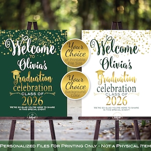 Graduation Welcome Sign Personalized Printable | Gold Confetti on Green or White | Class of 2026 (Digital Download)