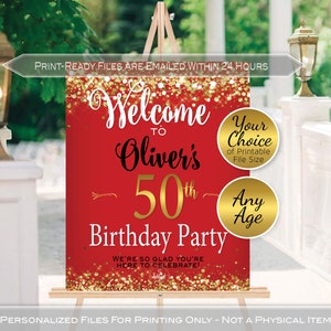 Birthday Welcome Sign Printable | Red with Gold Confetti | 30th 40th 50th 60th Any Age Birthday | Personalized | DIGITAL PRINTABLE FILES