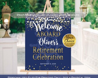 Welcome Aboard Retirement Sign Printable | Nautical Yacht Wheel | Navy with Gold Confetti | Personalized | DIGITAL PRINTABLE FILES