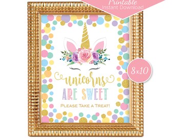 Unicorns are Sweet Please Take a Treat 8x10 Printable Table Sign | Unicorn Rainbow Colors with Faux Glittery Gold | INSTANT DIGITAL DOWNLOAD