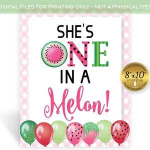 Watermelon 1st Birthday 8x10 Printable Sign | One in a Melon | Pink and Green | Balloons | Soft Pink Gingham | INSTANT DIGITAL DOWNLOAD