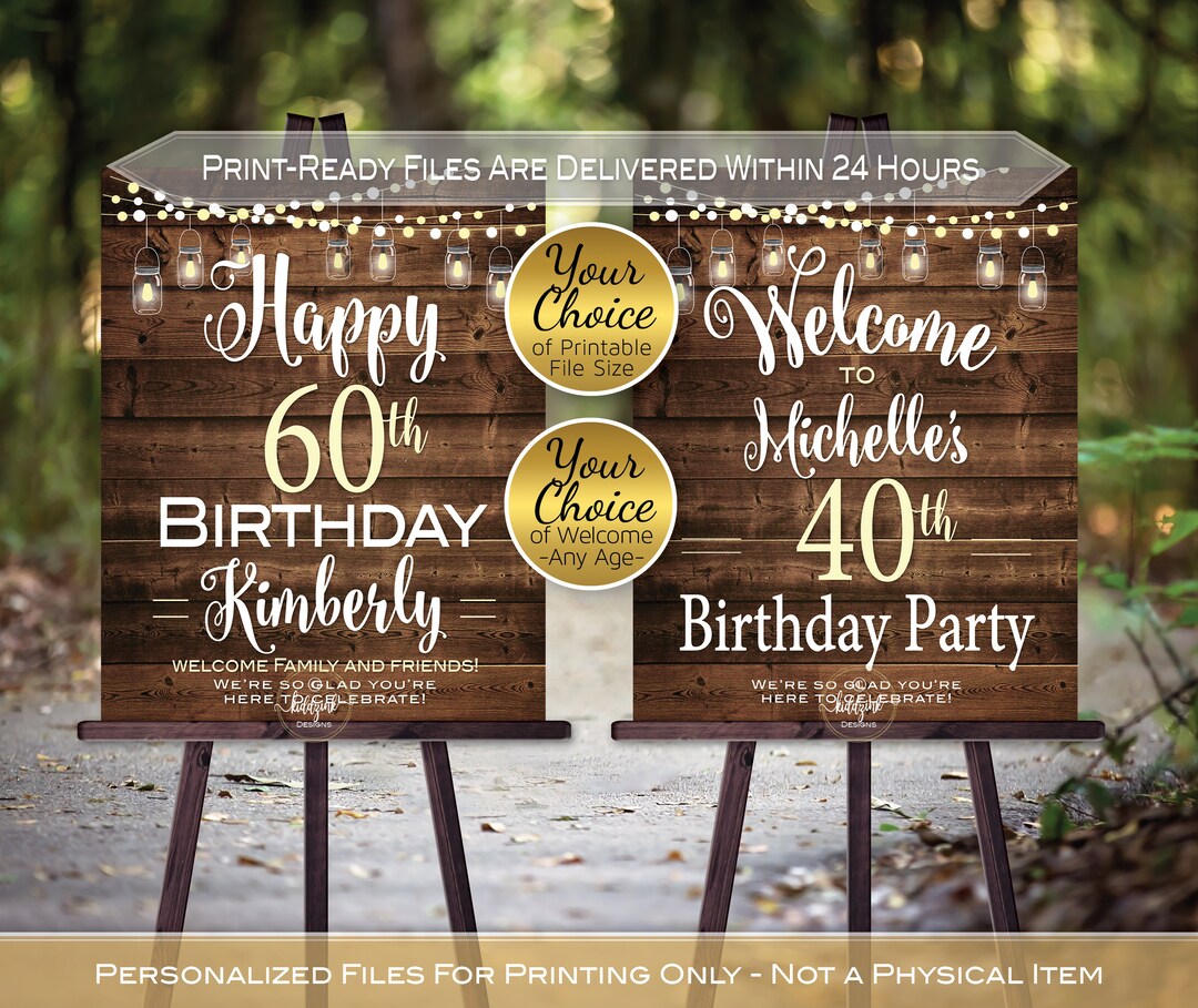 Rustic Birthday Welcome Sign: Garland Lights, Faux Wood (digital ...