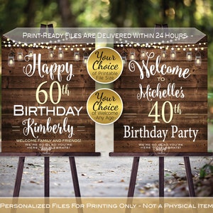 Birthday Welcome Sign Printables | Garland Lights Lanterns on Rustic Faux Wood | 50th 60th Any Age | Personalized | DIGITAL PRINTABLE FILES