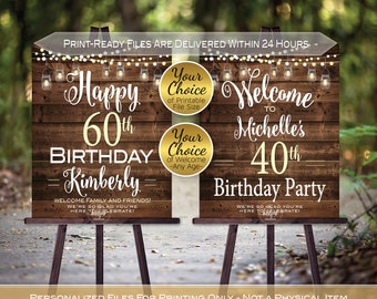 Rustic Birthday Welcome Sign: Garland Lights, Faux Wood (Digital Printable Files)