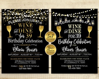 Wine and Dine Birthday Printable 5x7 Invitation | Mason Jar Lanterns or Gold Confetti | Black | Personalized Digital PRINTABLE Files