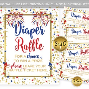 Diaper Raffle 8x10 Sign and 3.5x2 Tickets | Fireworks Twinkle Stars | Red Blue Gold on White | Gold Confetti | DIGITAL INSTANT DOWNLOAD