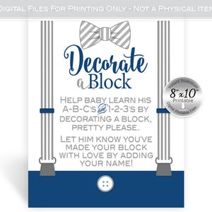 Little Man Decorate a Block Baby Shower Activity | 8x10 | ABCs and 123s | Navy Gray | Bow Tie | Printables | DIGITAL INSTANT DOWNLOAD