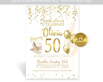 Stepping Into Any Age Birthday 5x7 Invitation | Personalized | 30 40 50 60 70 80 | Gold and Champagne on White | DIGITAL PRINT-READY Files