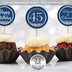 Round Cupcake Toppers | Denim and Diamonds | 45th Birthday | 2.5 inches | Silver Confetti | Digital INSTANT DOWNLOAD