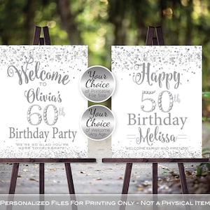 Birthday Welcome Sign Printable | Silver Glitter and Diamonds | Silver Confetti | Any Age | Personalized | DIGITAL PRINTABLE FILES