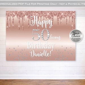 Birthday Backdrop Printable Banner | Rose Gold Drips of Frosting Glitter | Silver Confetti | Any Age Diamond Birthday | DIGITAL PDF FILE
