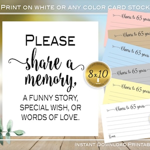 65th Birthday Share a Memory 8x10 Sign and 4x6 Note Cards | Cheers to 65 Years | 60th Anniversary | Printable | INSTANT Digital DOWNLOAD