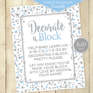 Decorate a Block Baby Shower Activity | 8x10 | ABCs and 123s | Twinkle Daylight Stars | Blue Silver | Printables | DIGITAL INSTANT DOWNLOAD