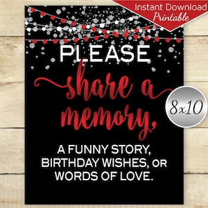 Share a Memory 8x10 PrintableSign | Birthday Wishes | Red Silver on Black | Silver Glitter | 40th 50th 60th 70th | Digital INSTANT DOWNLOAD