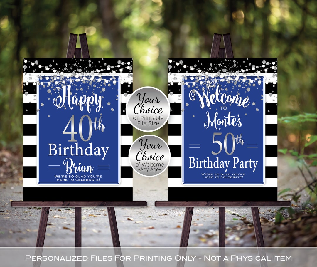 Birthday Welcome Sign Printable Black White Stripes Royal Blue Faux ...