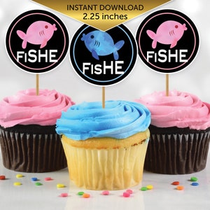 Fish She or Fish He Gender Reveal Cupcake Toppers 2.25 Inches Round | Pink and Blue Fish | He or She | Digital Printable INSTANT DOWNLOAD