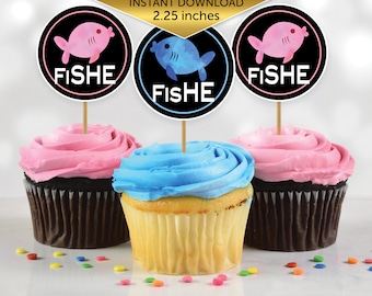 Fish She or Fish He Gender Reveal Cupcake Toppers 2.25 Inches Round | Pink and Blue Fish | He or She | Digital Printable INSTANT DOWNLOAD