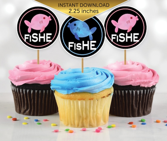 Fish She or Fish He Gender Reveal Cupcake Toppers 2.25 Inches Round | Pink  and Blue Fish | He or She | Digital Printable INSTANT DOWNLOAD