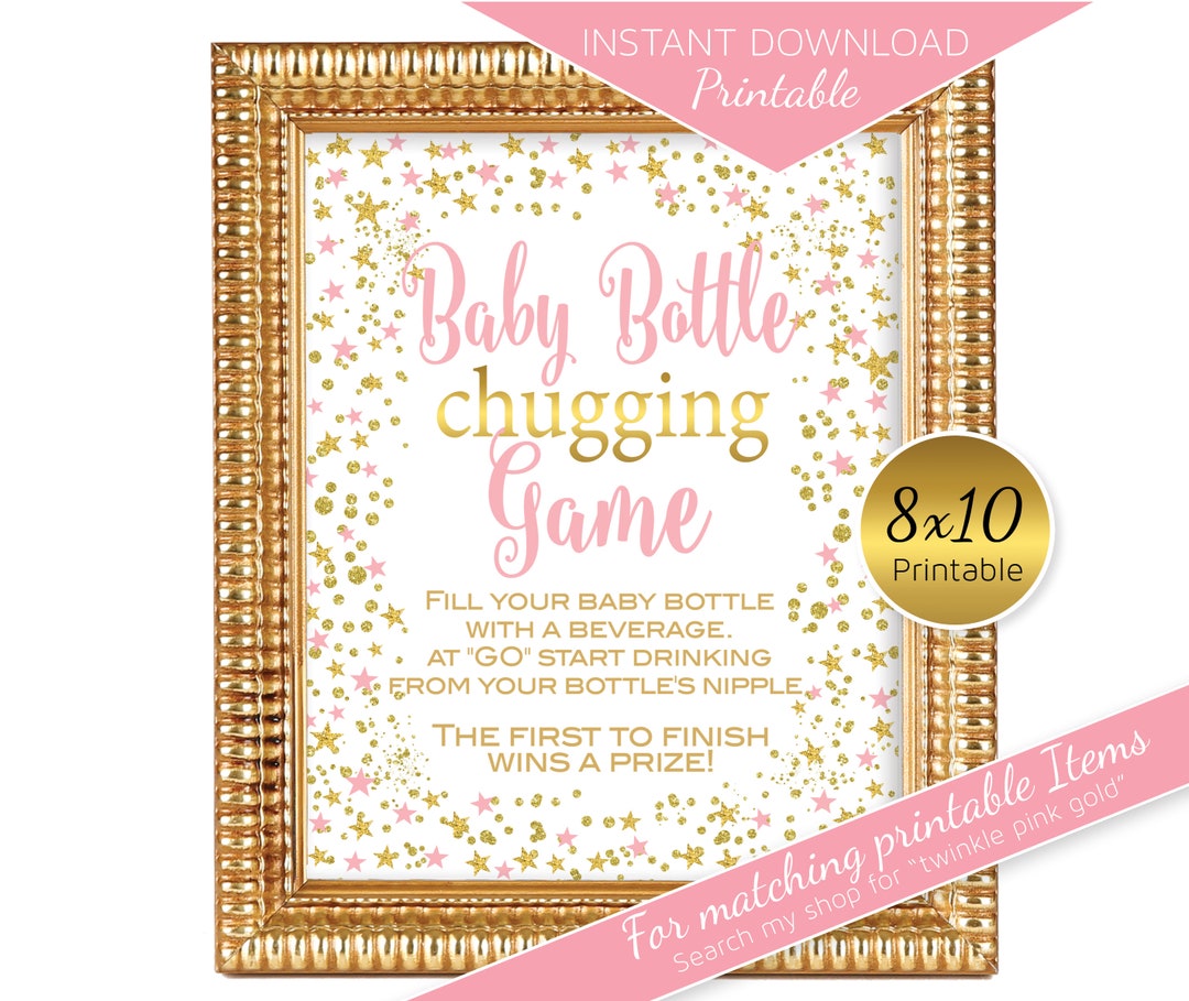 Baby Shower Baby Bottle Chugging Game Printable 8x10 Twinkle Pink Gold