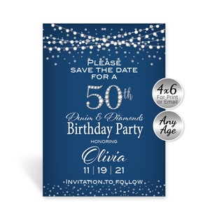 Save the Date | Denim and Diamonds Birthday | 4x6 | Personalized | Navy Silver | 40th 50th 60th | Any Age | DIGITAL PRINTABLE FILES
