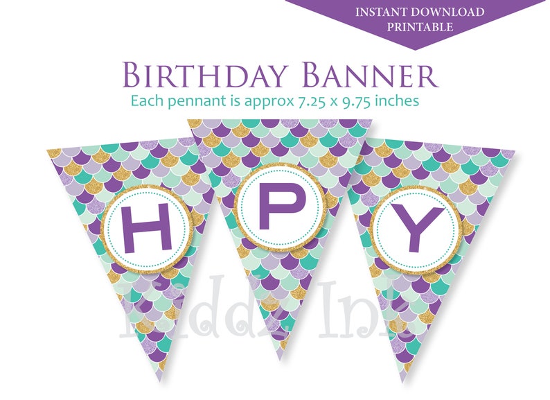 Mermaid Happy Birthday Banner Lavender Teal Gold Under the Sea Instant PRINTABLE DIGITAL Download Bild 2