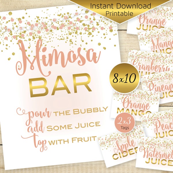 Mimosa Bar 8x10 Sign and Juice Flavor Tags | Birthday | Baby Shower | Bridal Shower | Rose Gold Garland Lights Confetti | DIGITAL DOWNLOAD