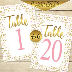 Twinkle Pink Gold Stars 4x6 Table Numbers | Daylight Star Confetti Pink Gold | Baby Shower | Birthday | Printable | DIGITAL INSTANT DOWNLOAD