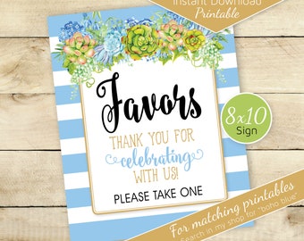 Favors 8x10 Table Sign Printable | Boho | Baby Blue and White Stripes | Succulents | Baby Shower | Birthday | Digital INSTANT DOWNLOAD