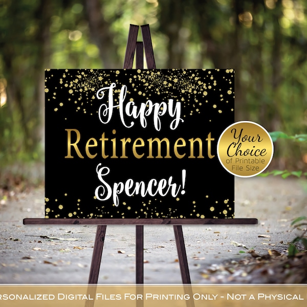 Happy Retirement Sign Printable | Landscape | Gold Confetti on Black | Personalized | Yard Sign | DIGITAL PRINTABLE FILES