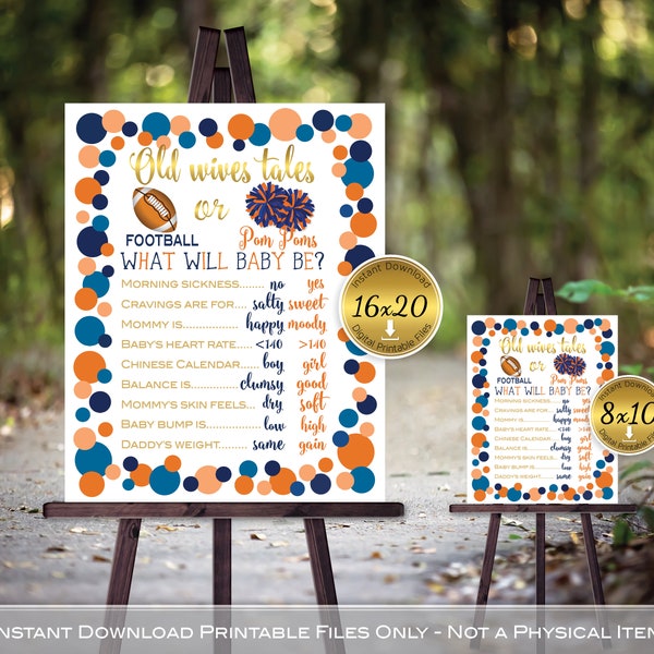 Old Wives' Tales Gender Reveal Printable | Baby Shower | Footballs or Pom Poms | Orange Blue Gold | DIGITAL INSTANT DOWNLOAD