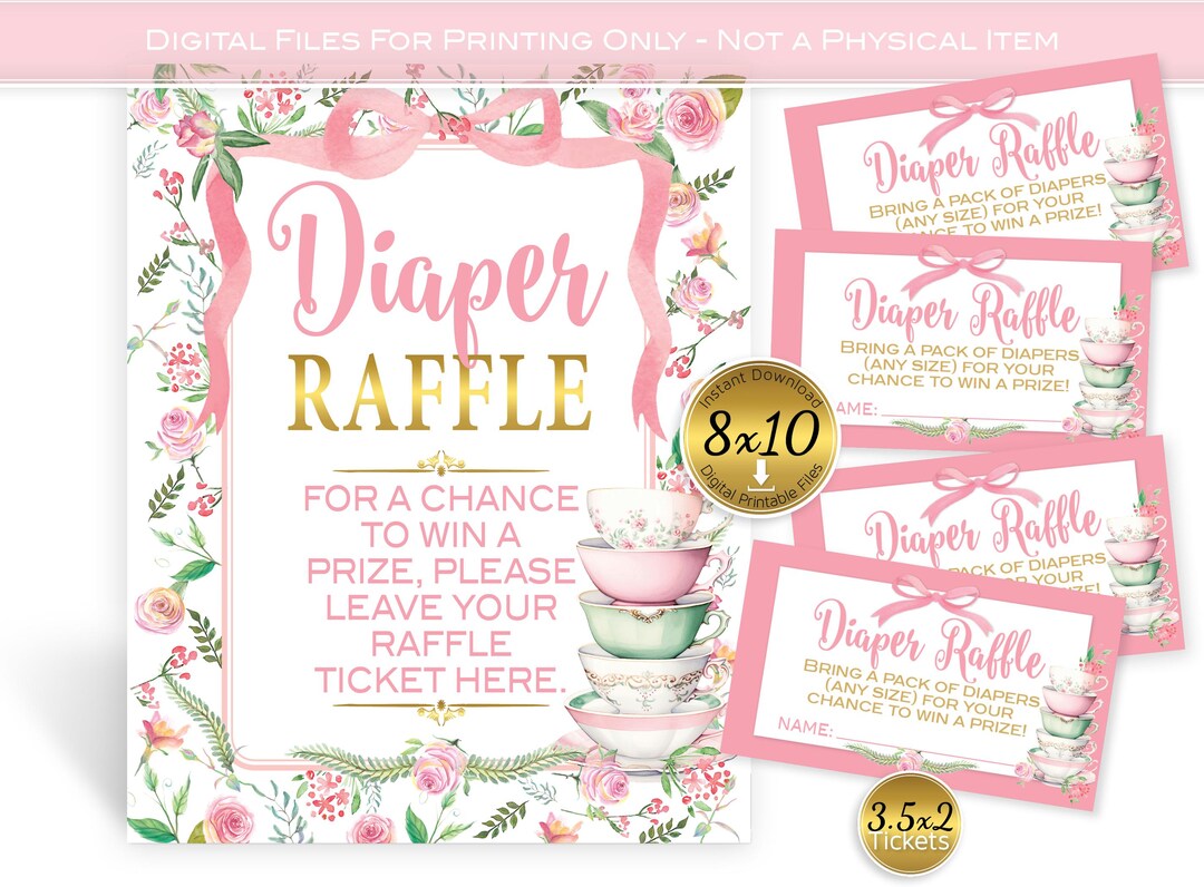 Tea Party Diaper Raffle Sign & Tickets for Baby Shower: Pink Bow and ...